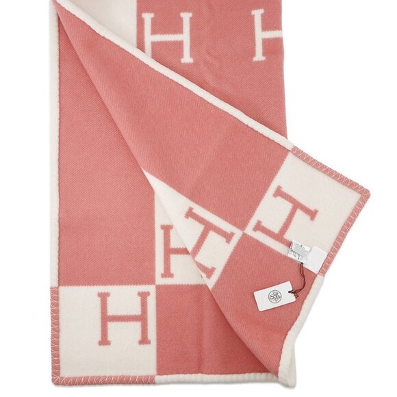 HERMES Plaid Avalon Blanket Merino Wool 90%/Cashmere10% Rose・Errell/White - Picture 2 of 5